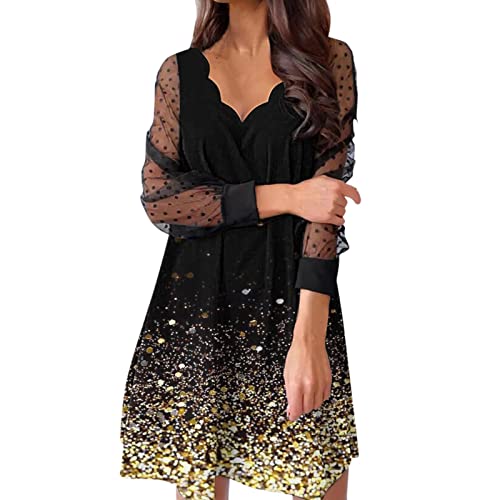 Generic Kurzes Kleid Damen Bedrucken Sie die Kleiderhülse Schwarz über dem eleganten der Dot Polka-Punkte Knie Netz Frauen EIN langes gerade Kleid Petticoat Kleid (Black, L) von Generic