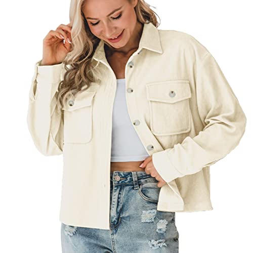 Cordjacken für Damen Lässige Jacken kurz Hemd Langarm Jacke Hemdjacke mit Knopf Taschen Mantel Corduroy Oversized Shirt Leicht mit Casual Freizeitjacke Kurzjacke Damenjacke Outwear Herbst Frühling von Generic