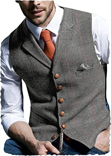 Generic Lässige Herrenweste Für Hochzeit Karierte Einfacher Stil Weiche Woll Tweed Weste Für Herren Leichte Ärmellose Oberbekleidung (Color : GREY, Einheitsgröße : XL) von Generic