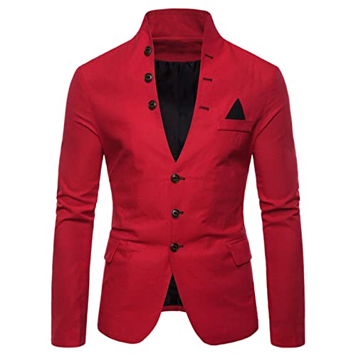 Generic Lässiger Anzugjacke mit Stehkragen für Herren Schmaler Einreihiger 3 Knopf Blazer Einfarbiger Normaler Langärmliger Anzug für Sportjacken (Rot,L) von Generic