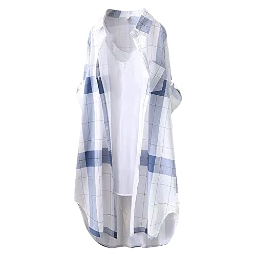 Generic Lange Bluse Damen Leinenhemd Lang Kariert Shirt Frühling Revers Langarmshirt Knopfleiste Hemd Leinenbluse Lose Longbluse Blusenshirt Oberteile Tops XL von Generic
