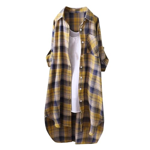 Generic Lange Bluse Damen Leinenhemd Lang Kariert Shirt Frühling Revers Langarmshirt Knopfleiste Hemd Leinenbluse Lose Longbluse Blusenshirt Oberteile Tops von Generic