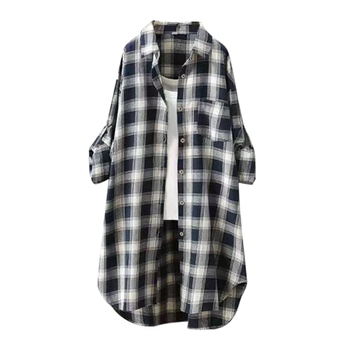 Generic Lange Bluse Damen Leinenhemd Lang Kariert Shirt Frühling Revers Langarmshirt Knopfleiste Hemd Leinenbluse Lose Longbluse Blusenshirt Oberteile Tops von Generic