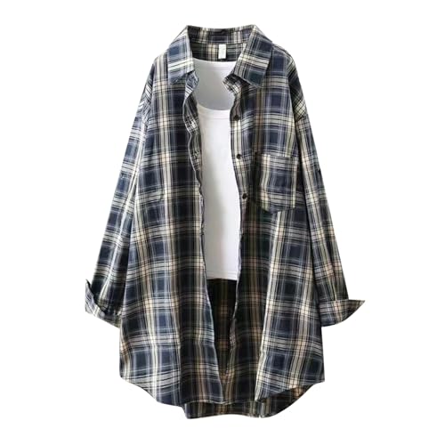 Generic Lange Bluse Damen Leinenhemd Lang Kariert Shirt Frühling Revers Langarmshirt Knopfleiste Hemd Leinenbluse Lose Longbluse Blusenshirt Oberteile Tops von Generic