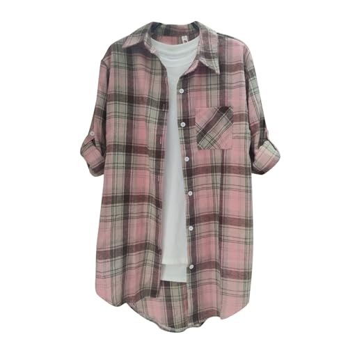 Generic Lange Bluse Damen Leinenhemd Lang Kariert Shirt Frühling Revers Langarmshirt Knopfleiste Hemd Leinenbluse Lose Longbluse Blusenshirt Oberteile Tops von Generic