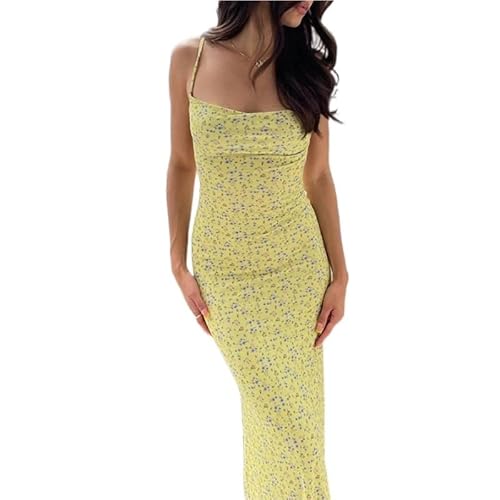 Generic Lange Kleider for Damen Spaghetti-Trägerkleid Herzförmiger Ausschnitt Sommer Vintage Rückenfrei Hohe Taille (Color : Yellow, Size : S) von Generic