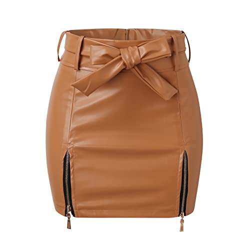 Generic Lange Röcke Damen Eng Frauen-Lederröcke mit hoher Taille Minirock A-Linie PU-Mini-Reißverschlussrock Streetwear (Khaki, S) von Generic