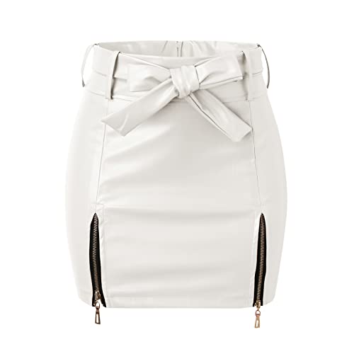 Generic Lange Röcke Damen Eng Frauen-Lederröcke mit hoher Taille Minirock A-Linie PU-Mini-Reißverschlussrock Streetwear (White, XL) von Generic
