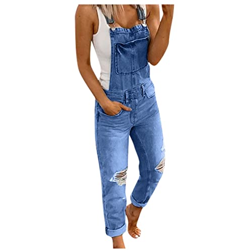 Generic Latzhose Damen Jeans Lang Jeanslatzhose Denim Stretch Straight Leg Jeans Overall Damen Bib Jean Jumpsuits Denim Latzhose Overall Zerrissen Distressed Lange Hosen Jeans Latzhose Overalls von Generic