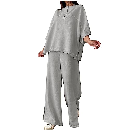 Generic Leinenanzug Damen Baumwolle Leinen Jogginganzug Zweiteiliges Set Sommer Locker Sportanzug Einfarbig Tshirt und Geschlitzte Hose 2pc Outfit Elegante Freizeitanzug Plus Size Homewear S-5XL von Generic
