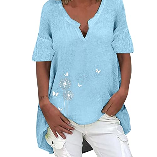 Leinenbluse Damen Kurzarm Leinen Blusenshirt Damen Elegante Blusen Große Größen Langarm Longshirt Oversize Vintage Hemdbluse V-Ausschnitt Langarmshirt Tunika Festliche Oberteile von Generic