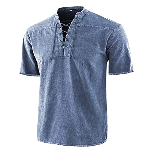 Leinenhemd Herren Kurzarm Sommerhemd Herren Baumwolle Leinenhemd Leicht und Atmungsaktiv V Ausschnitt Regular Fit Freizeithemd Strandhemd Herren (blau,4XL) von Generic