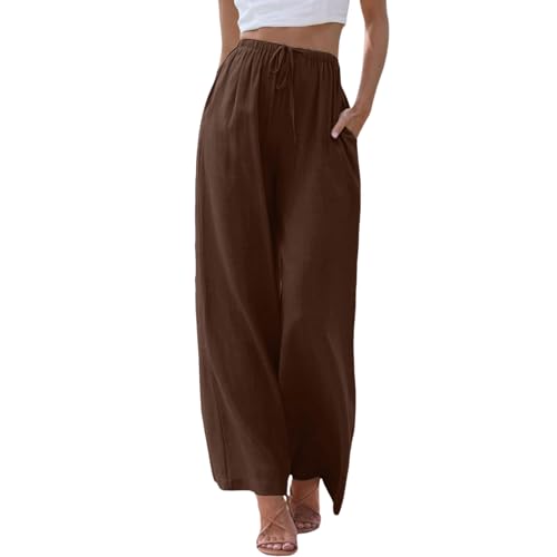 Generic Leinenhose Damen Sommer Leicht Sommerhose Casual Bequeme Palazzo Hose Wide Leg Linen Pants High Waist Stoffhose Musselin Lang Lockere Freizeithose Strandhose mit Kordelzug A5- Coffee XL von Generic