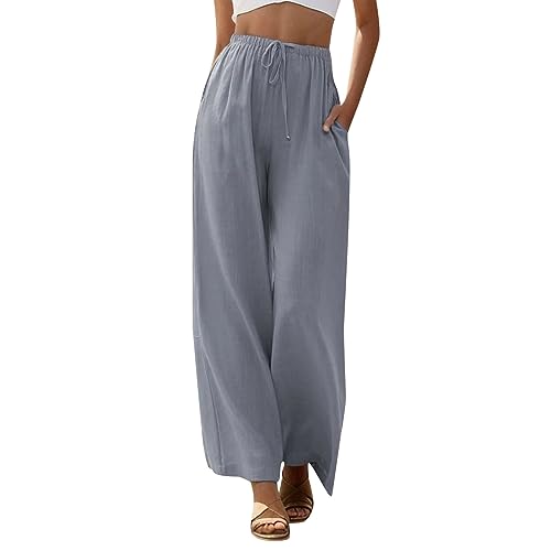 Generic Leinenhose Damen Sommer Leicht Sommerhose Casual Bequeme Palazzo Hose Wide Leg Linen Pants High Waist Stoffhose Musselin Lang Lockere Freizeithose Strandhose mit Kordelzug D3- Grau S von Generic