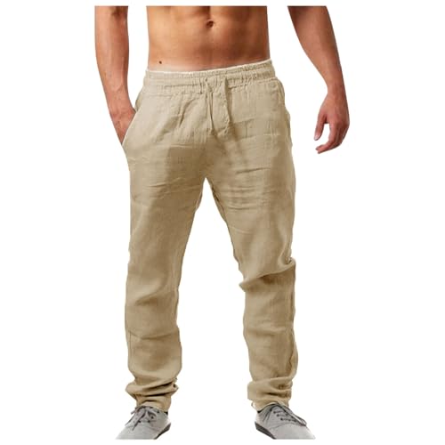 Generic Leinenhose Herren Lang Leicht Sommerhose Leinen Baumwolle Freizeithose Strandhose Einfarbig Elastisch Gummibund Kordelzug Herrenhosen Sommer Casual Männer Hose von Generic