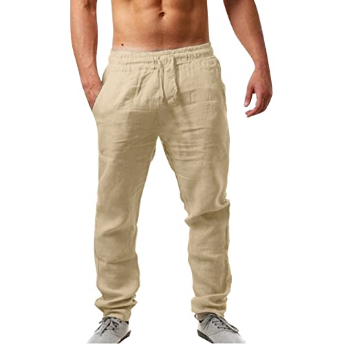 Generic Leinenhose Herren Lang Leicht Sommerhose Leinen Baumwolle Freizeithose Strandhose Einfarbig Elastisch Gummibund Kordelzug Herrenhosen Sommer Casual Männer Hose von Generic