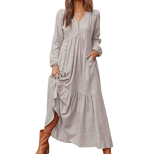 Generic Leinenkleid Damen Leinenkleider Lang Langarm Maxikleid Baumwoll Leinen Kleid Boho Sommerkleid Strandkleid Einfarbig Locker Kaftan Langes Freizeitkleid, M, Grau von Generic