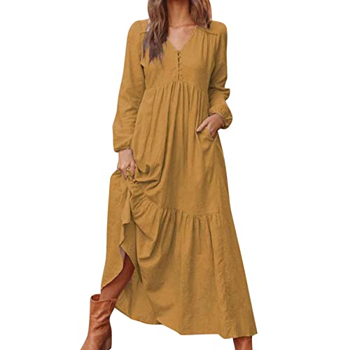 Generic Leinenkleid Damen Leinenkleider Lang Langarm Maxikleid Baumwoll Leinen Kleid Boho Sommerkleid Strandkleid Einfarbig Locker Kaftan Langes Freizeitkleid, S, Orange von Generic