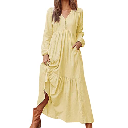 Generic Leinenkleid Damen Leinenkleider Lang Langarm V-Ausschnitt Maxikleid Baumwoll Leinen Kleid Boho Sommerkleid Strandkleid Einfarbig Locker Kaftan Langes Freizeitkleid, Gelb, XL von Generic
