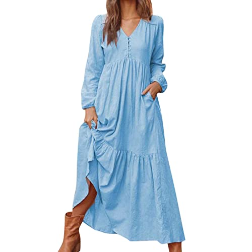 Leinenkleid Damen Sommer Leinenkleider Damen Lang Langarm V-Ausschnitt Maxikleid Baumwoll Leinen Kleid Boho Sommerkleid Strandkleid Einfarbig Locker Kaftan Langes Kaftan Kleid Freizeitkleid von Generic