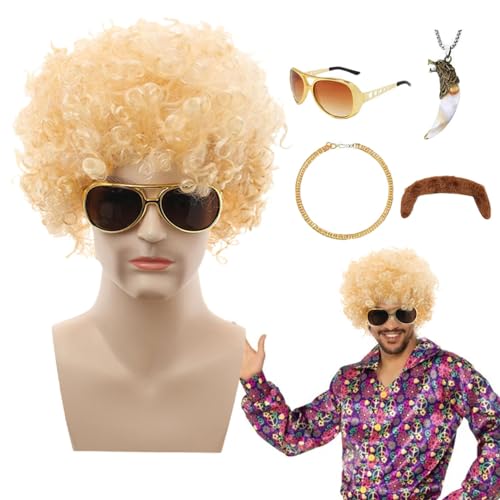 Generic Männliche Disco-Kostüm-Perücke, Disco-Perücken-Set | 5-teiliges Disco-Kostüm-Perücken-Set - Disco-Partyzubehör für Hippie-Rocker-Kostüm-Cosplay, inklusive Perücke, Schnurrbart, Hip-Hop-Kette, von Generic