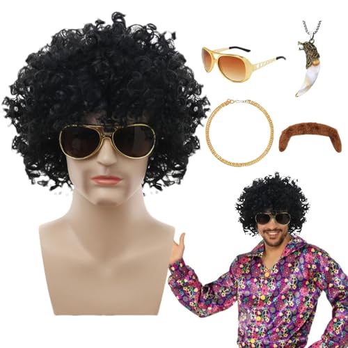 Generic Männliche Disco-Kostüm-Perücke, Disco-Perücken-Set | 5-teiliges Disco-Perücken-Kostüm-Set | Komplett mit Perücke, Schnurrbart, Hip-Hop-Kette, Sonnenbrille, Halskette und Kostümzubehör für die von Generic