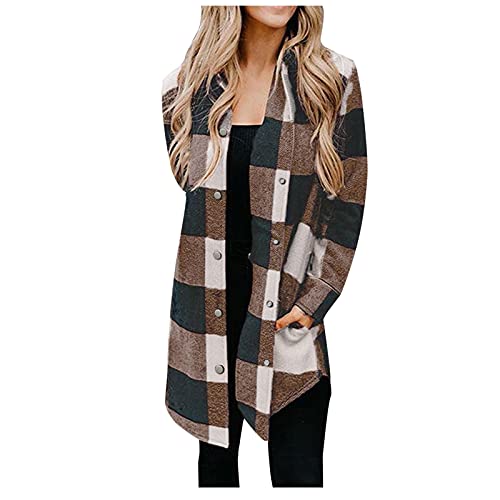 Generic Mantel Kariertes Damen Hemd Winter Bluse Langer Langarm Jacke Knielang Parka Warm Wintermantel Elegant Winterjacke Chic Klassischer Knopfleiste Casual, S08 Brown, 3XL von Generic