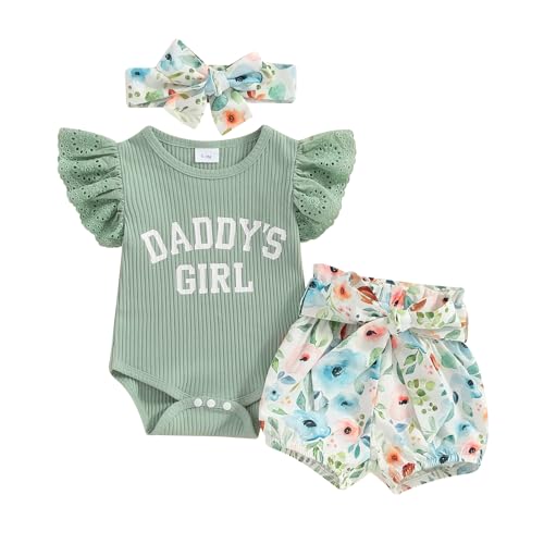 Generic Neugeborenes Baby Mädchen Kleidung Brief Outfit Rippenstrick Strampler+Schleife Shorts+Halsband 0-3 Monate 3-6 Monate Mädchen Kleidung (C1-Daddy's Girl GREEN, 3-6M) von Generic