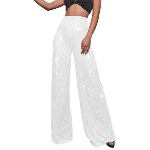 Generic Pailletten Hose Damen Gold-Glitzer Hose Lang Metallic Hose Lang High Waist Baggy Jogginghose Weites Bein Sommerhose Locker Weite Hose Große Größen Paillettenhose Metallic Hosen Büro Pants von Generic