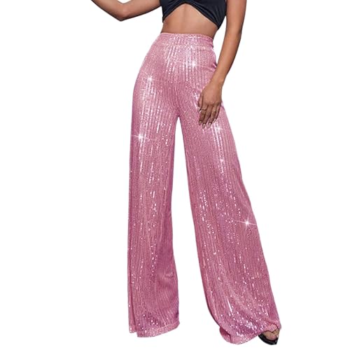Generic Pailletten Hose Damen Gold-Glitzer Hose Lang Metallic Hose Lang High Waist Baggy Jogginghose Weites Bein Sommerhose Locker Weite Hose Große Größen Paillettenhose Metallic Hosen Büro Pants von Generic