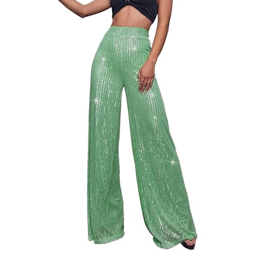 Generic Pailletten Hose Damen Gold-Glitzer Hose Lang Metallic Hose Lang High Waist Baggy Jogginghose Weites Bein Sommerhose Locker Weite Hose Große Größen Paillettenhose Metallic Hosen Büro Pants von Generic