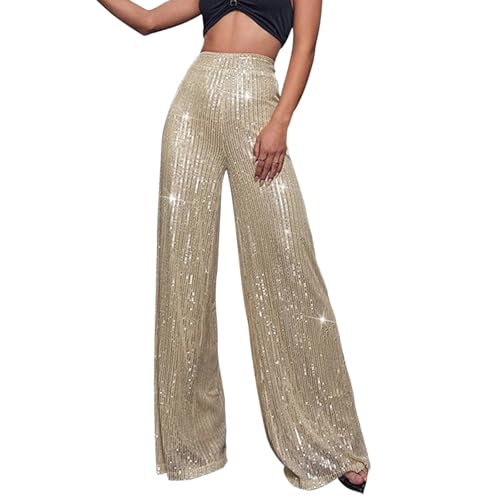 Generic Pailletten Hose Damen Gold-Glitzer Hose Lang Metallic Hose Lang High Waist Baggy Jogginghose Weites Bein Sommerhose Locker Weite Hose Große Größen Paillettenhose Metallic Hosen Büro Pants von Generic