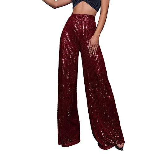 Generic Pailletten Hose Damen Gold-Glitzer Hose Lang Metallic Hose Lang High Waist Baggy Jogginghose Weites Bein Sommerhose Locker Weite Hose Große Größen Paillettenhose Metallic Hosen Büro Pants von Generic