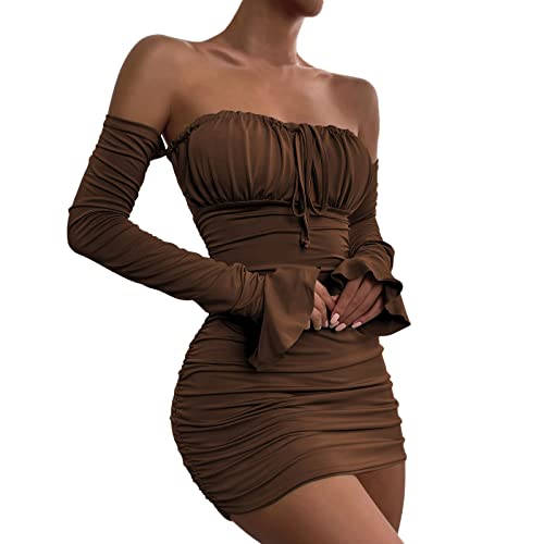 Partykleid Damen Elegant Einfarbig One Shoulder Langarm Stretch Bodycon Minikleid Mode Aushöhlen Figurbetont Bleistiftkleid Hüftpaket Wickelkleider Festkleid Abendkleid(C Kaffee,S) von Generic