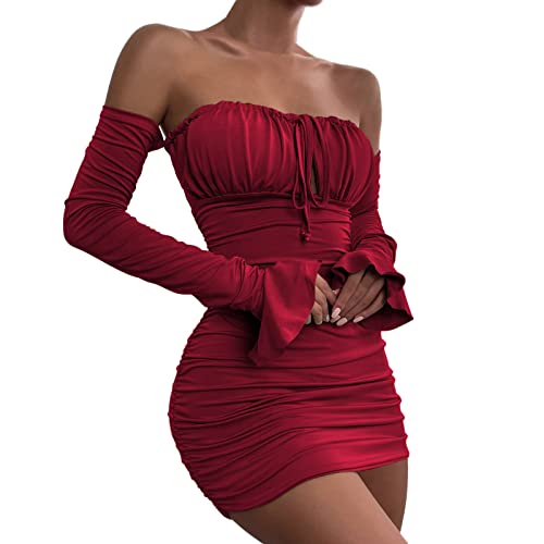 Partykleid Damen Elegant Einfarbig One Shoulder Langarm Stretch Bodycon Minikleid Mode Aushöhlen Figurbetont Bleistiftkleid Hüftpaket Wickelkleider Festkleid Abendkleid(C Rot,S) von Generic