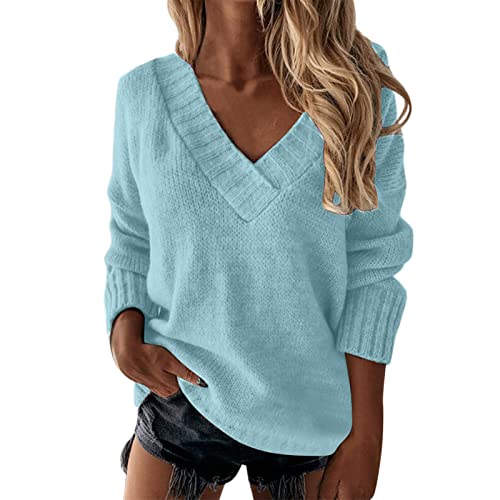 Pullover Damen, Damen Pullover Einfarbig V-Ausschnitt Strickpullover Sexy Winter Herbst Oversize Lässiges Pulli Sweater Langarm Sweatshirt Elegant Oberteile Langarmshirt Strickpulli von Generic