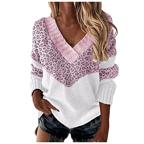 Pullover Damen, Damen Pullover Leopard V-Ausschnitt Strickpullover Casual Winter Herbst Oversize Lässiges Pulli Sweater Langarm Sweatshirt Elegant Oberteile Langarmshirt Strickpulli von Generic