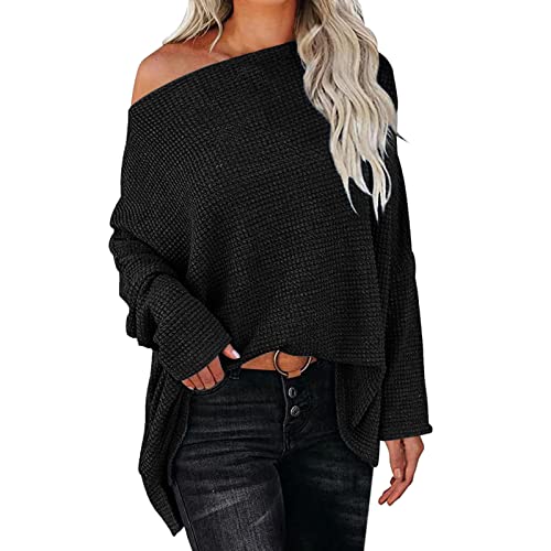 Pullover Damen, Damen Pullover Schulterfrei Einfarbig Strickpullover Lang Winter Herbst Oversize Lässiges Stricken Pulli Sweater Langarm Sweatshirt Elegant Oberteile Langarmshirt Strickpulli von Generic