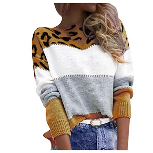 Generic Pullover Damen Leopard Strickpullover Langarm Rundhals Sweater Patchwork Sweatshirt Herbst Winter Elegant Pulli Warme Lose Blusen Oberteile Tops, Gelb, L von Generic