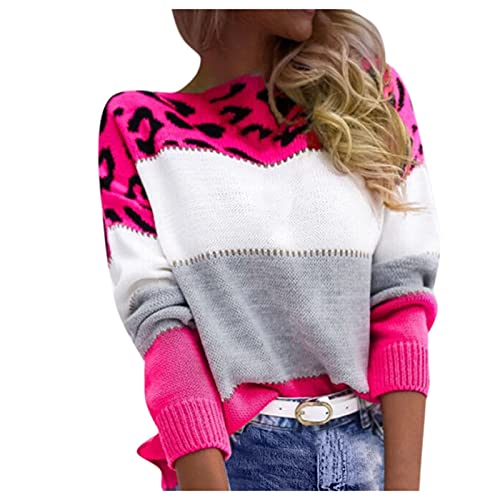 Generic Pullover Damen Leopard Strickpullover Langarm Rundhals Sweater Patchwork Sweatshirt Herbst Winter Elegant Pulli Warme Lose Blusen Oberteile Tops, Rosa, L von Generic