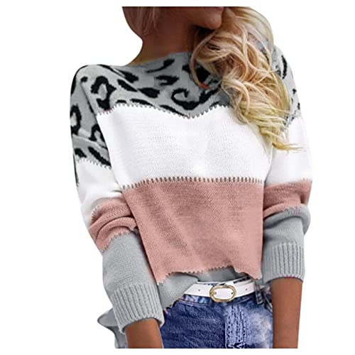 Generic Pullover Damen Leopard Strickpullover Langarm Rundhals Sweater Patchwork Sweatshirt Herbst Winter Elegant Pulli Warme Lose Blusen Oberteile Tops, Rosa2, L von Generic