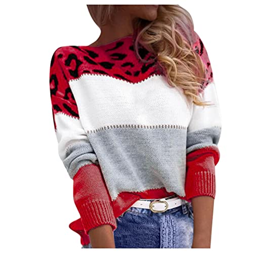 Generic Pullover Damen Leopard Strickpullover Langarm Rundhals Sweater Patchwork Sweatshirt Herbst Winter Elegant Pulli Warme Lose Blusen Oberteile Tops, Rot, M von Generic