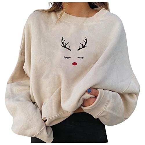Pullover Weihnachten Comfy Ugly Urkomisch Ärmel Damen Long Holiday Top Print Damen Hoodies & Sweatshirts Anziehsachen Teenager Mädchen (Beige, M) von Generic