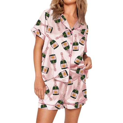 Generic Pyjama-Set für Frauen Champagner-Flaschen gedruckt Kurzarm-T-Shirts Top und weiche Shorts, Y2K Ästhetische Pyjamas Schlafanzug Loungewear (Sektflaschen-Rosa, M) von Generic