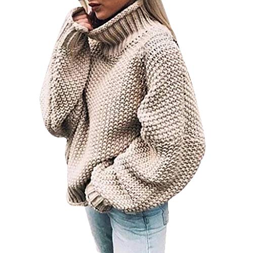 Generic Rollkragenpullover Damen, Strickpullover Oversize Grobstrick-Pullover Langarm Winterpullover Vintage Grobstrickpullover Sweatshirt Strickpulli Weiß Sweater, Beige von Generic