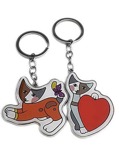 Generic Rosina Wachtmeister Katzen Schlüsselanhänger Set, 2 STK. Edelstahl Katze Schlüsselbund Keychain Schlüsselring für Herren Damen Rot/Orange, W14/L14 von Generic