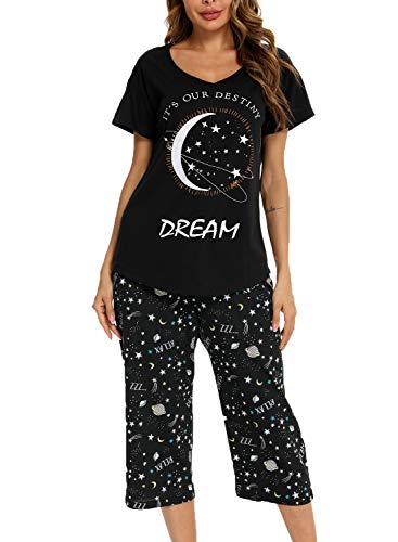 Schlafanzug Damen Kurz-Kurzarm-Top und 3/4 Lange Hose Pyjama(Groß,schwarzer Stern) von Generic