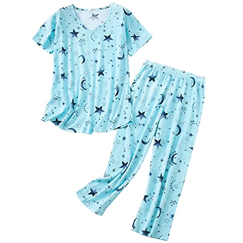 Generic Schlafanzug Damen Kurz-Kurzarm-Top und 3/4 Lange Hose Pyjama(Mittel,Hellblau Stern) von Generic