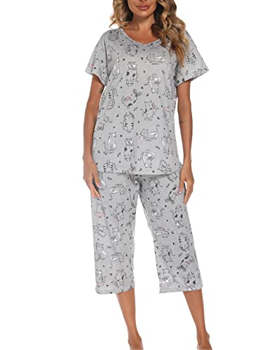 Schlafanzug Damen Kurz-Kurzarm-Top und 3/4 Lange Hose Pyjama(Mittel,graue Katze) von Generic