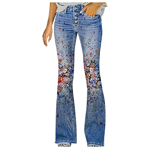 Schlagjeans Jeanshosen Damen Elegant Stretch Skinny Schlaghose Flared Hose Casual Hohe Taille Jeans Mode Blumen Drucken Hose Weites Bein Retro Stil Denim Pants(B Blau,L) von Generic